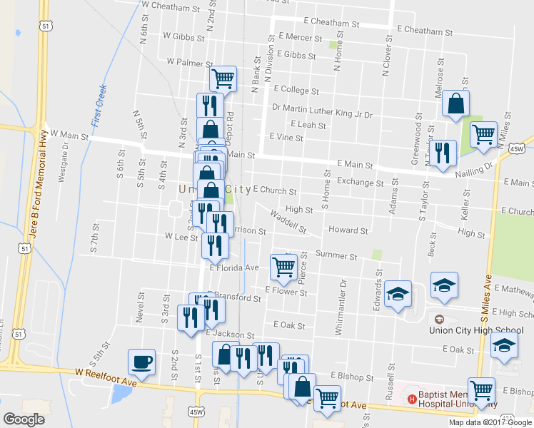 map of restaurants, bars, coffee shops, grocery stores, and more near 419 Waddell Street in Union City
