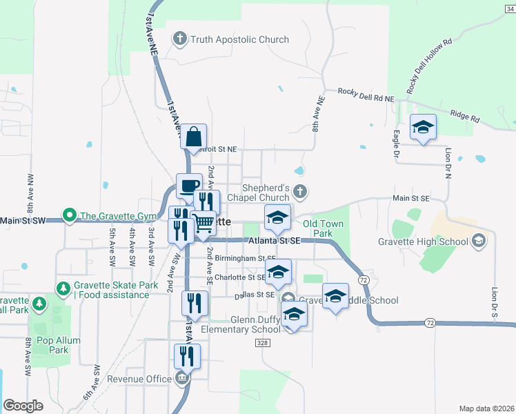 map of restaurants, bars, coffee shops, grocery stores, and more near 413 Akron Street Northeast in Gravette