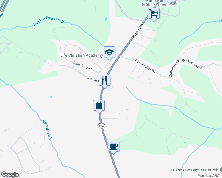 map of restaurants, bars, coffee shops, grocery stores, and more near 102A-B Ellis Lane in Goodlettsville