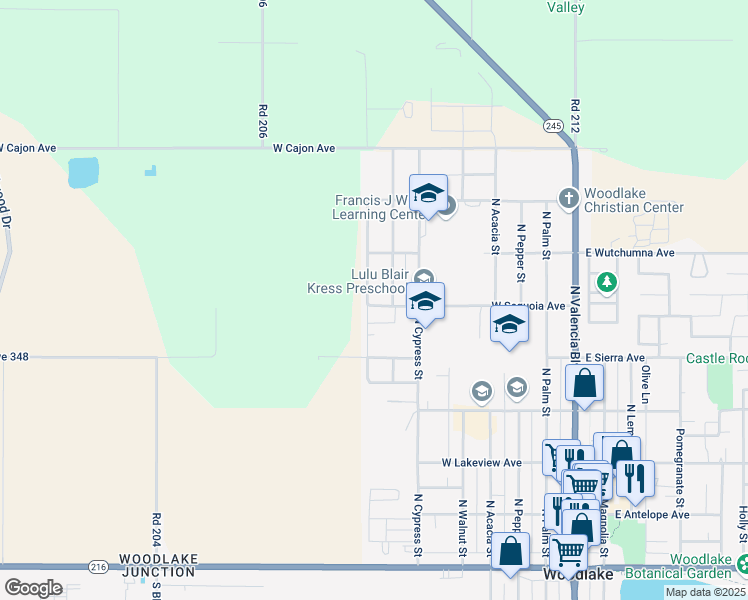 map of restaurants, bars, coffee shops, grocery stores, and more near 750 West Sequoia Avenue in Woodlake