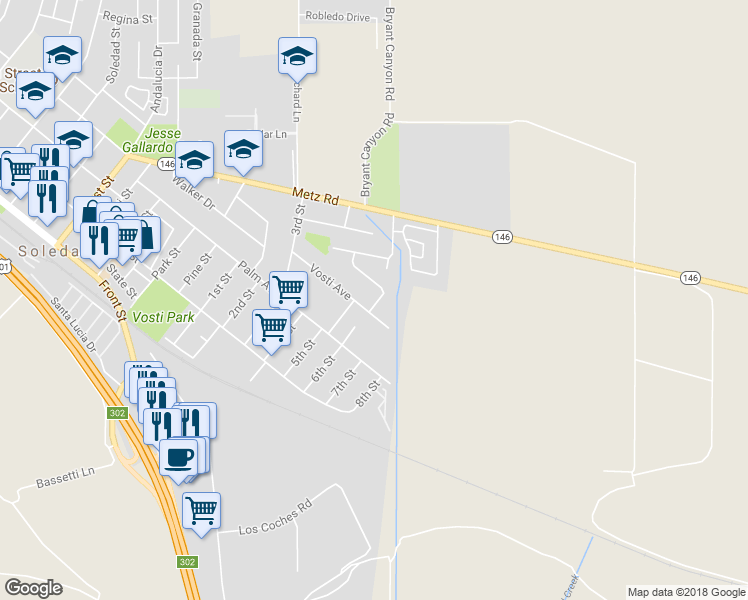 map of restaurants, bars, coffee shops, grocery stores, and more near 1778 Johnson Drive in Soledad