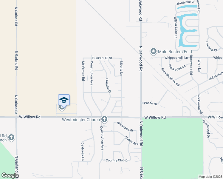 map of restaurants, bars, coffee shops, grocery stores, and more near 2617 Franklin Drive in Enid