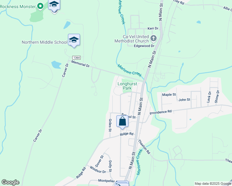 map of restaurants, bars, coffee shops, grocery stores, and more near 1512 Pine Ridge Drive in Roxboro