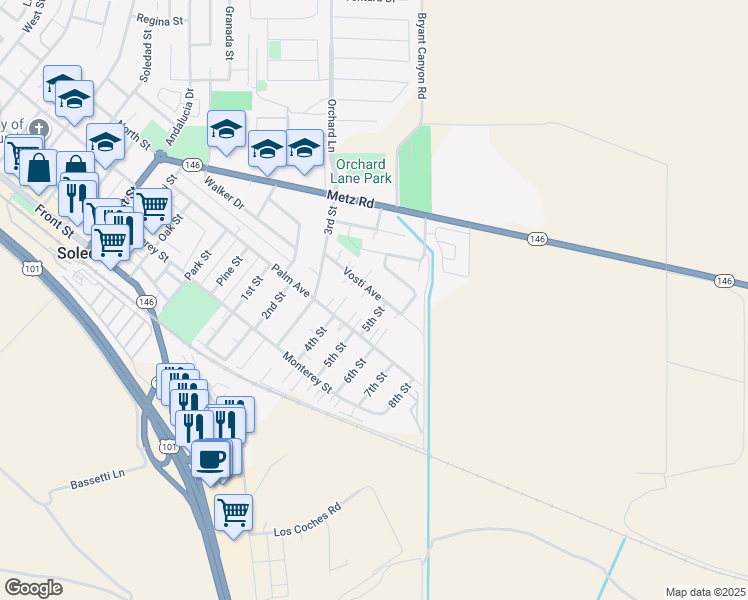 map of restaurants, bars, coffee shops, grocery stores, and more near 1654 Vosti Avenue in Soledad