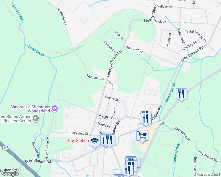 map of restaurants, bars, coffee shops, grocery stores, and more near 344 Liberty Church Road in Gray