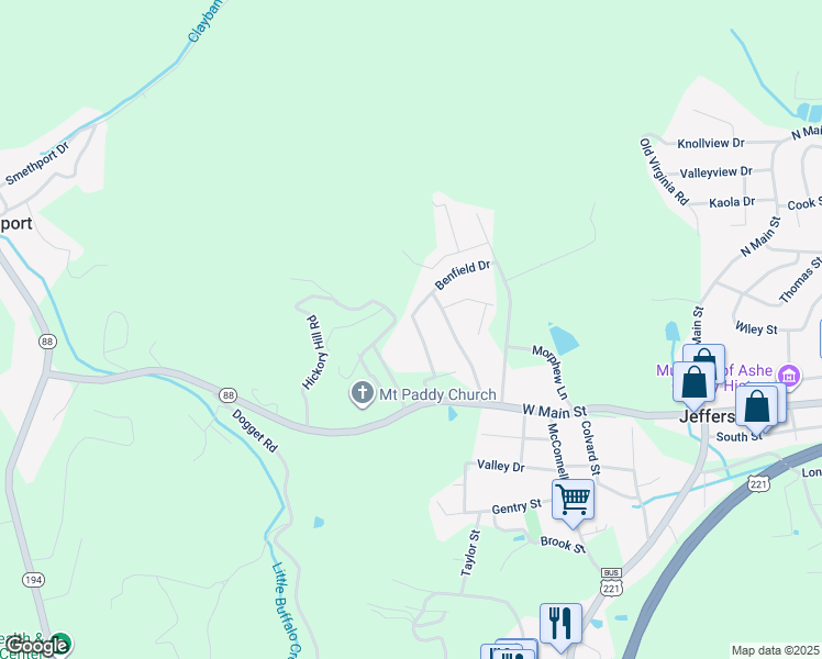 map of restaurants, bars, coffee shops, grocery stores, and more near 145 McNeill Hill Road in Jefferson