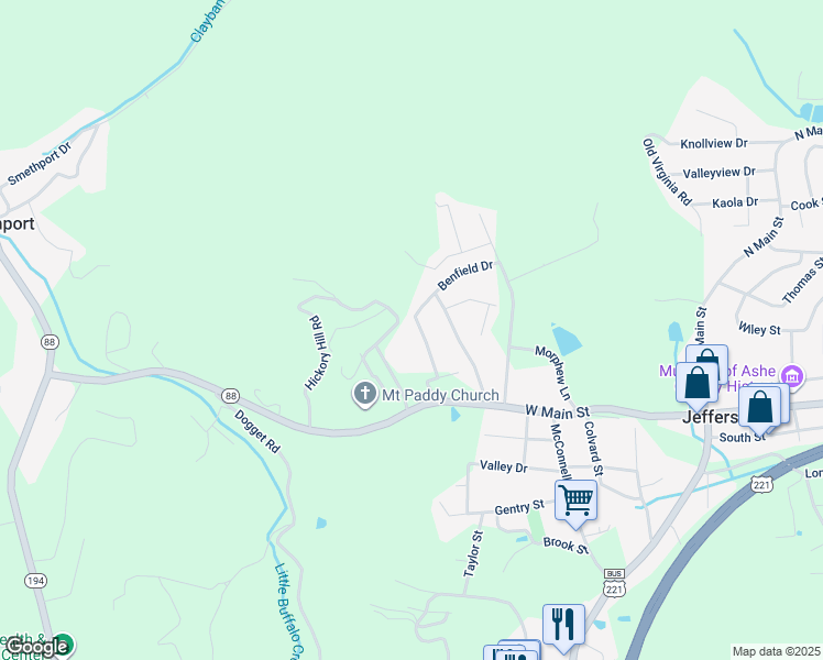 map of restaurants, bars, coffee shops, grocery stores, and more near 145 McNeill Hill Road in Jefferson