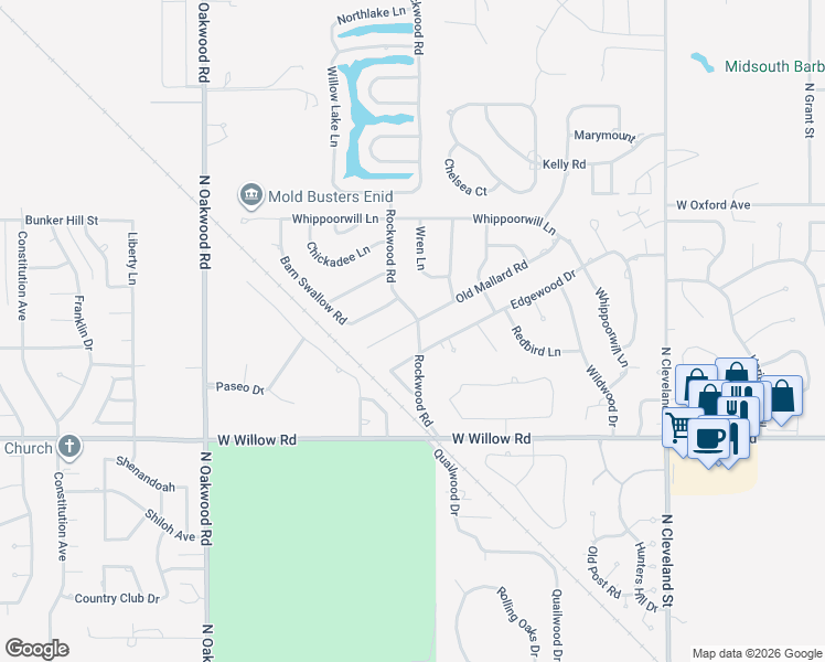 map of restaurants, bars, coffee shops, grocery stores, and more near 3221 Old Mallard Road in Enid