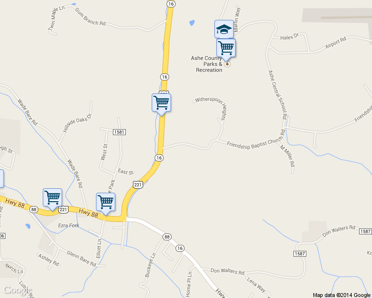map of restaurants, bars, coffee shops, grocery stores, and more near 198 Friendship Baptist Church Rd in Jefferson