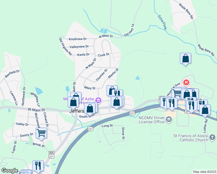 map of restaurants, bars, coffee shops, grocery stores, and more near 137 Eller Street in Jefferson