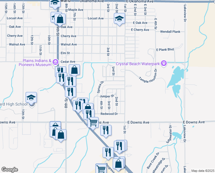 map of restaurants, bars, coffee shops, grocery stores, and more near 207 Ponderosa Drive in Woodward