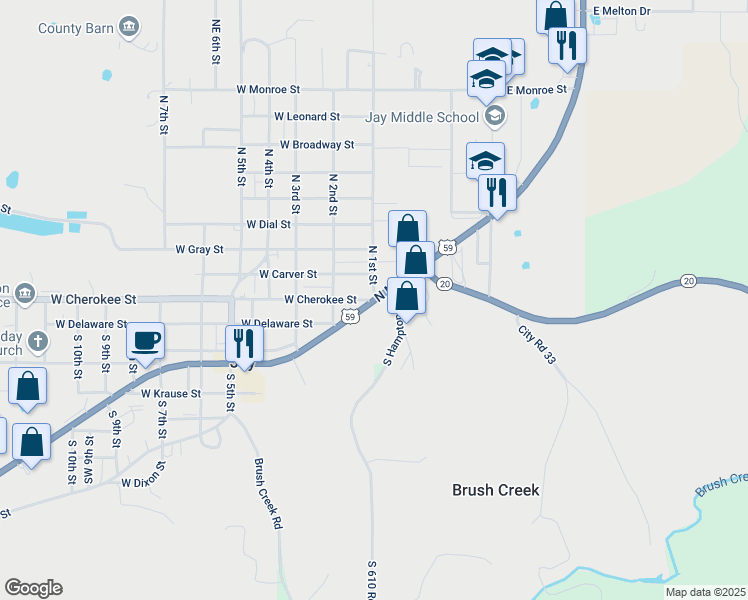 map of restaurants, bars, coffee shops, grocery stores, and more near 100 South Main Street in Jay