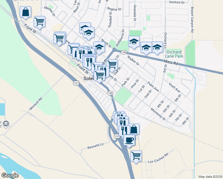 map of restaurants, bars, coffee shops, grocery stores, and more near 1060 State Street in Soledad