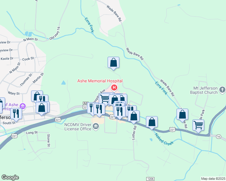 map of restaurants, bars, coffee shops, grocery stores, and more near 200 Hospital Avenue in Jefferson