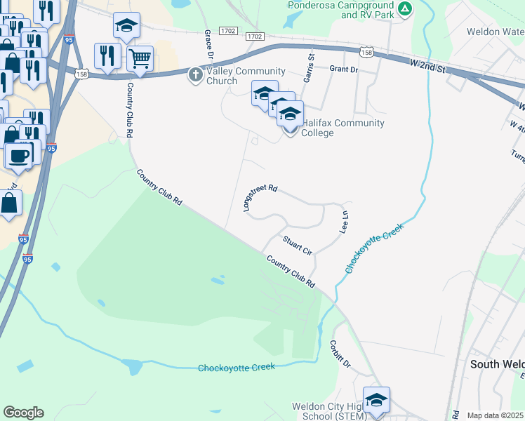 map of restaurants, bars, coffee shops, grocery stores, and more near 45 Longstreet Road in Weldon