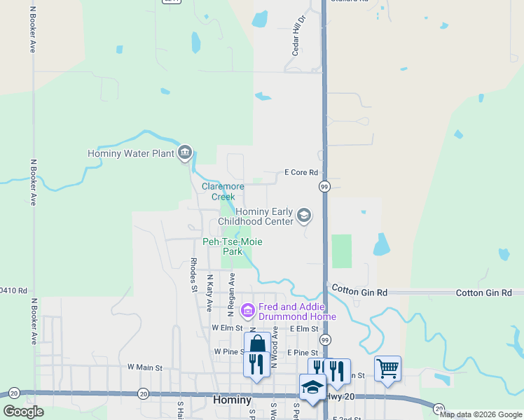 map of restaurants, bars, coffee shops, grocery stores, and more near 805 Julie Avenue in Hominy