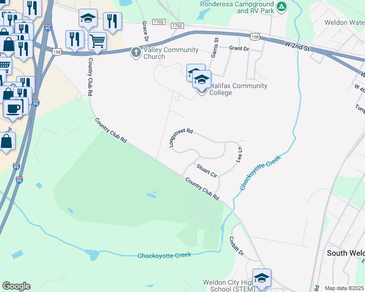 map of restaurants, bars, coffee shops, grocery stores, and more near 45 Longstreet Road in Weldon