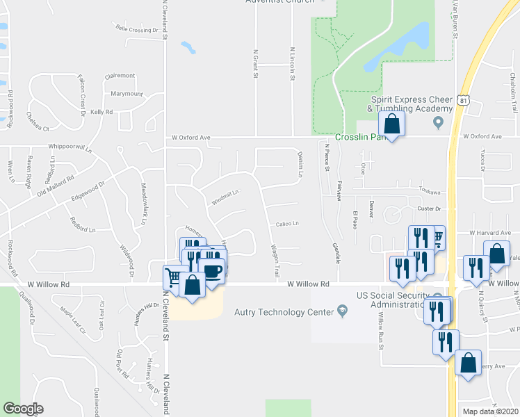 map of restaurants, bars, coffee shops, grocery stores, and more near 2714 Wagon Trail in Enid