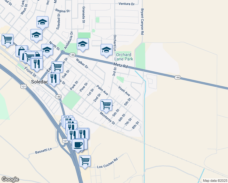 map of restaurants, bars, coffee shops, grocery stores, and more near 1527 Palm Avenue in Soledad