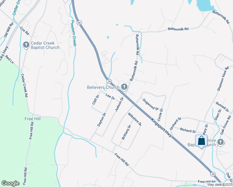 map of restaurants, bars, coffee shops, grocery stores, and more near 113 Lee Drive in Johnson City