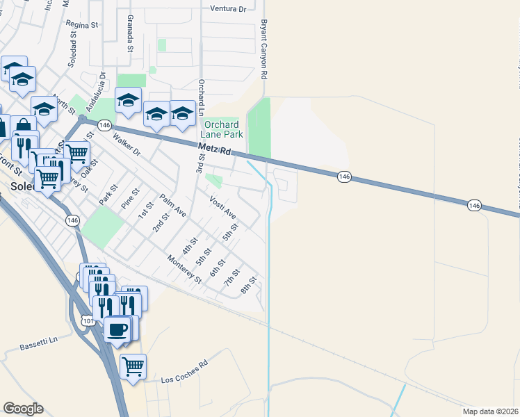map of restaurants, bars, coffee shops, grocery stores, and more near 1778 Johnson Drive in Soledad