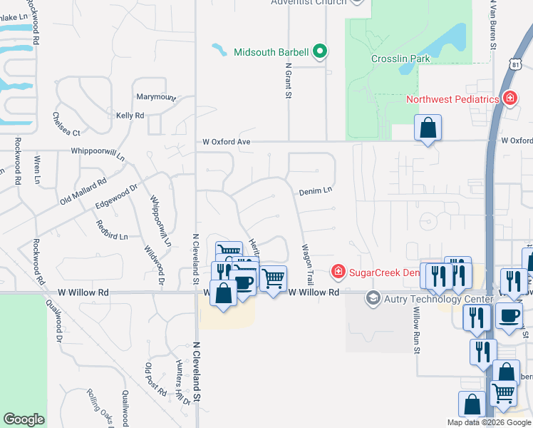 map of restaurants, bars, coffee shops, grocery stores, and more near 2021 Buggy Whip Lane in Enid