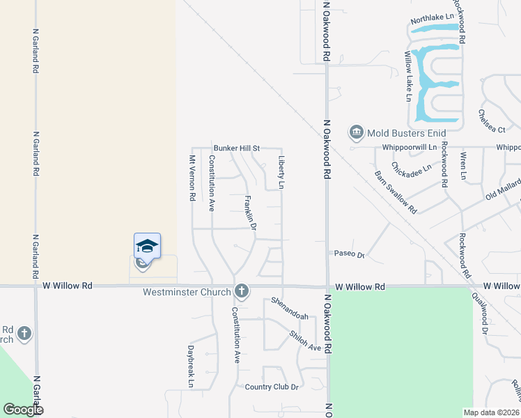 map of restaurants, bars, coffee shops, grocery stores, and more near 2617 Franklin Drive in Enid