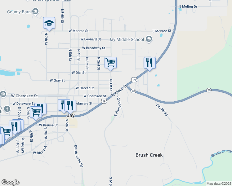 map of restaurants, bars, coffee shops, grocery stores, and more near 100-198 South Main Street in Jay