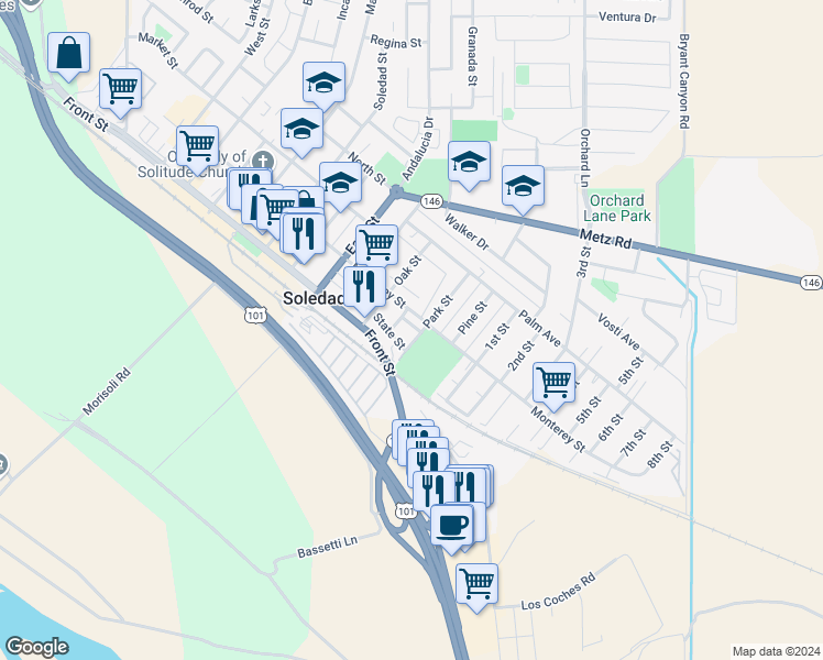 map of restaurants, bars, coffee shops, grocery stores, and more near 1067 Acacia Street in Soledad