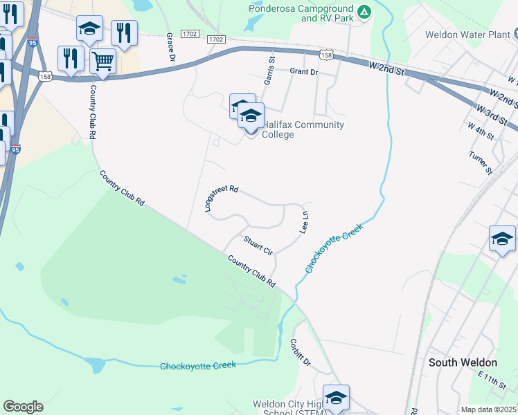map of restaurants, bars, coffee shops, grocery stores, and more near 25 Longstreet Road in Weldon