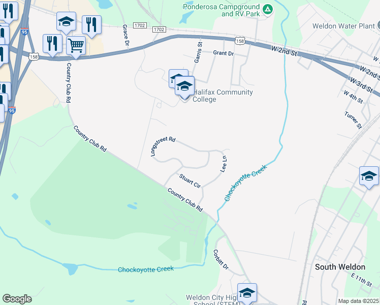 map of restaurants, bars, coffee shops, grocery stores, and more near 25 Longstreet Road in Weldon