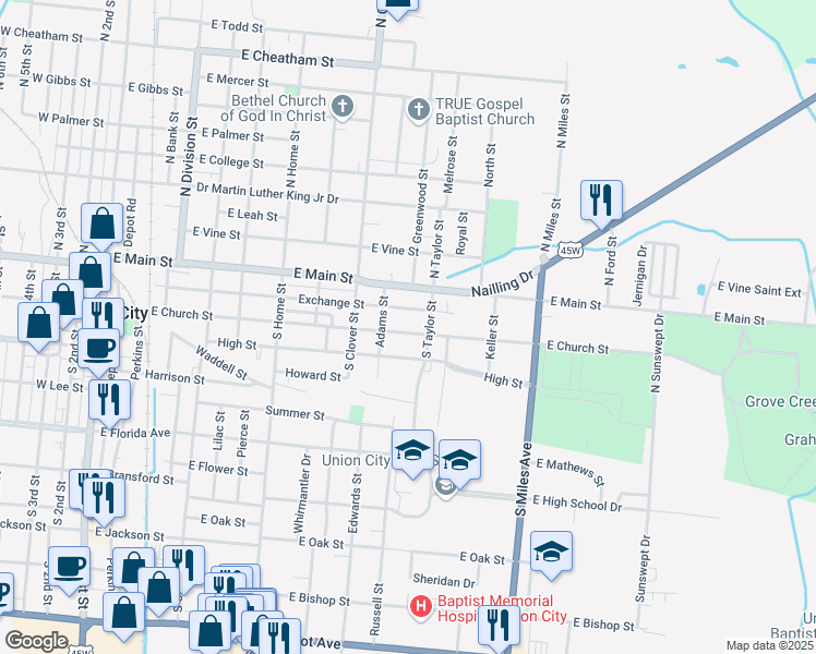 map of restaurants, bars, coffee shops, grocery stores, and more near 1020 East Church Street in Union City