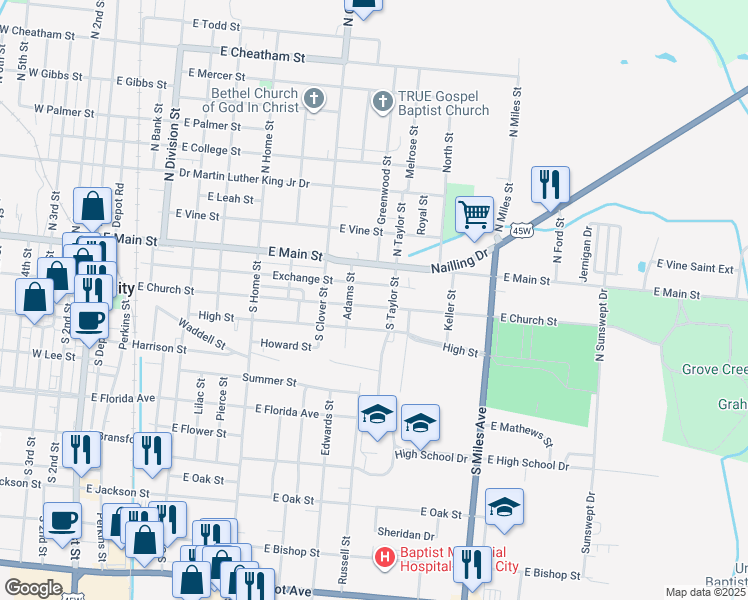 map of restaurants, bars, coffee shops, grocery stores, and more near 1020 East Church Street in Union City
