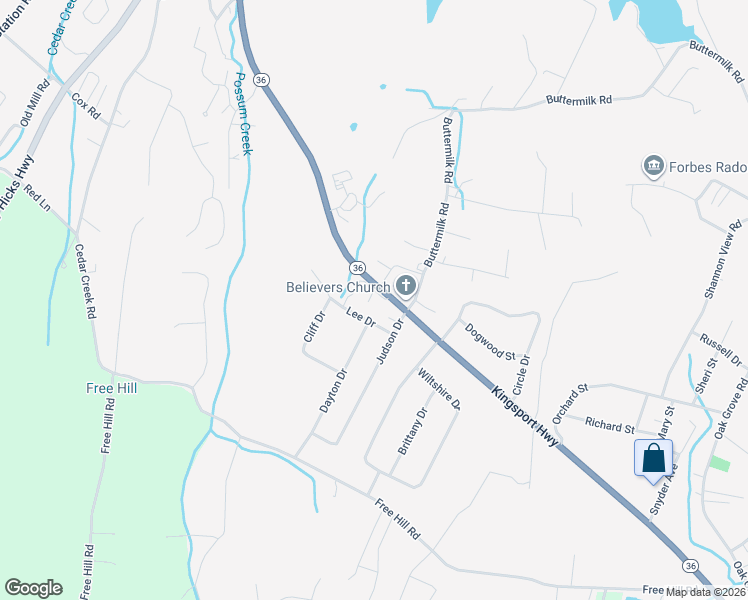 map of restaurants, bars, coffee shops, grocery stores, and more near 6124 Tennessee 36 in Johnson City