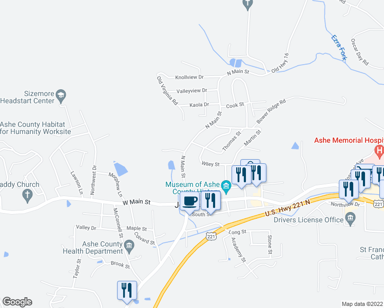 map of restaurants, bars, coffee shops, grocery stores, and more near 276 North Main Street in Jefferson