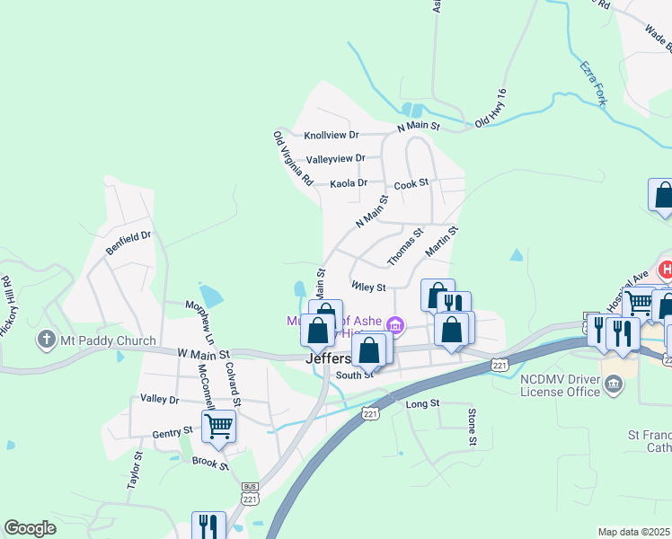 map of restaurants, bars, coffee shops, grocery stores, and more near 276 North Main Street in Jefferson