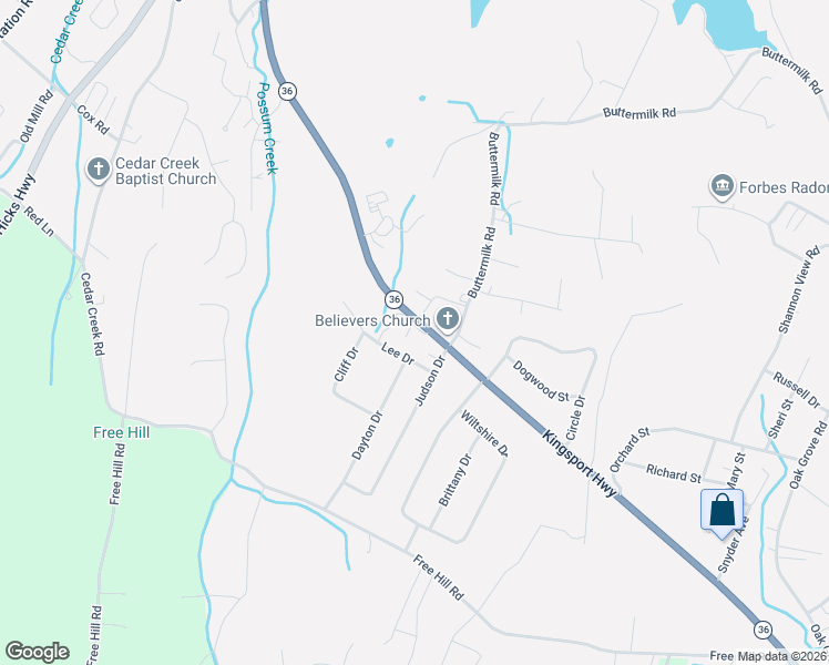 map of restaurants, bars, coffee shops, grocery stores, and more near 6124 Tennessee 36 in Johnson City