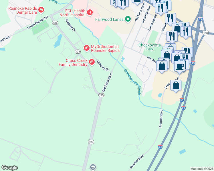 map of restaurants, bars, coffee shops, grocery stores, and more near 3347 Nc Highway 48 in Roanoke Rapids