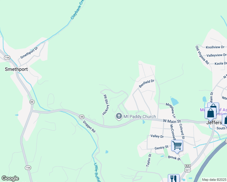 map of restaurants, bars, coffee shops, grocery stores, and more near 551 Hickory Hill Road in Jefferson