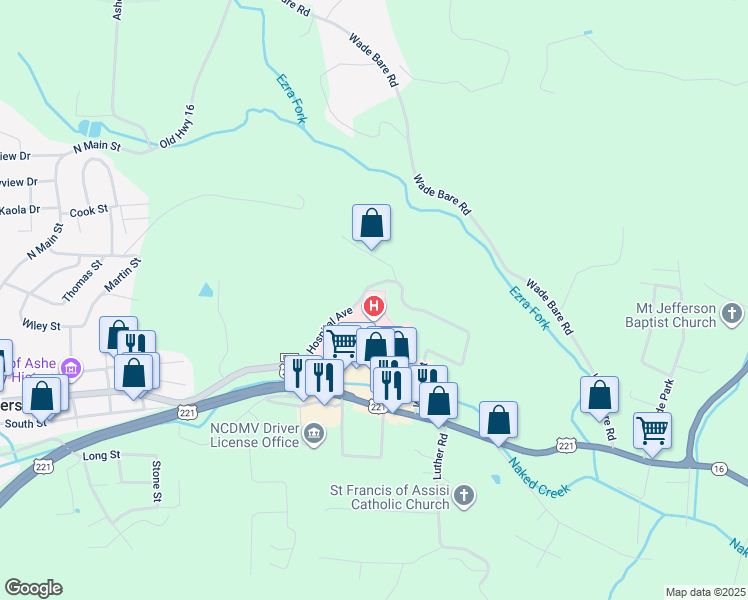 map of restaurants, bars, coffee shops, grocery stores, and more near 200 Hospital Avenue in Jefferson