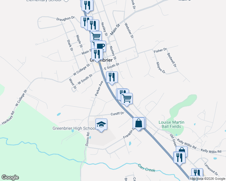 map of restaurants, bars, coffee shops, grocery stores, and more near 2453 Highway 41 South in Greenbrier