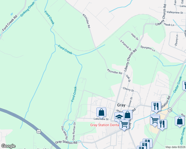map of restaurants, bars, coffee shops, grocery stores, and more near 155 Kitzmiller Road in Gray