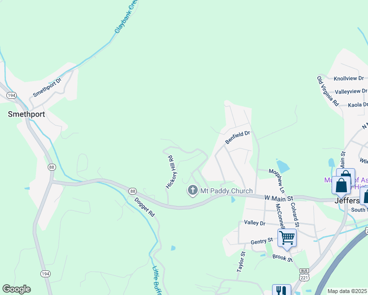 map of restaurants, bars, coffee shops, grocery stores, and more near 551 Hickory Hill Road in Jefferson
