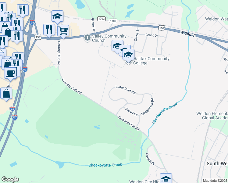 map of restaurants, bars, coffee shops, grocery stores, and more near 32-34 Longstreet Road in Weldon