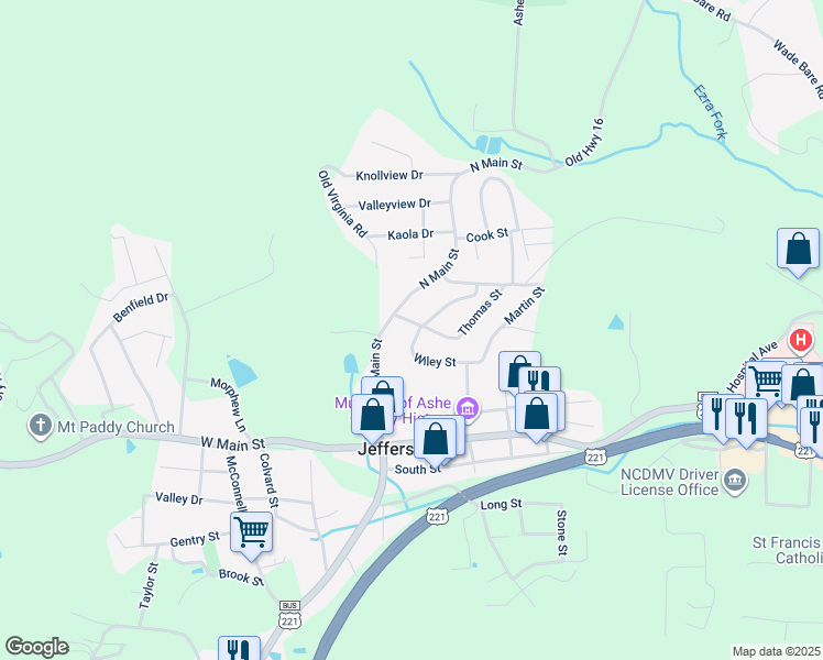 map of restaurants, bars, coffee shops, grocery stores, and more near 124 Thomas Street in Jefferson