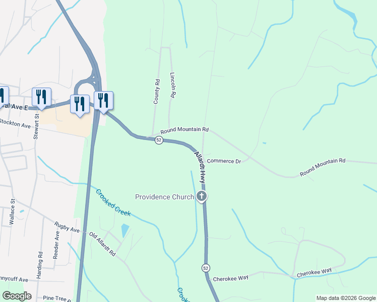 map of restaurants, bars, coffee shops, grocery stores, and more near 710 Allardt Highway in Jamestown