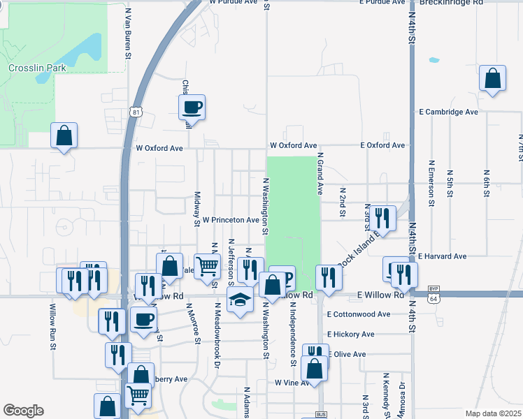 map of restaurants, bars, coffee shops, grocery stores, and more near 2725 North Adams Street in Enid
