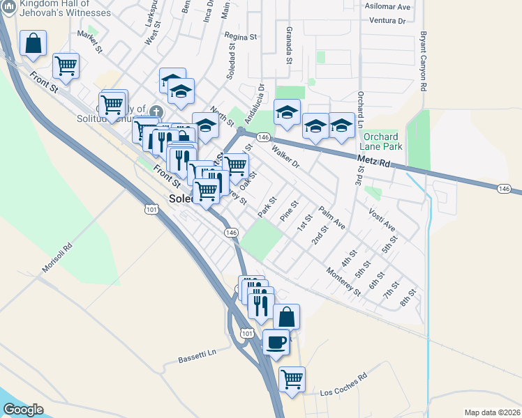 map of restaurants, bars, coffee shops, grocery stores, and more near 233 Park Street in Soledad
