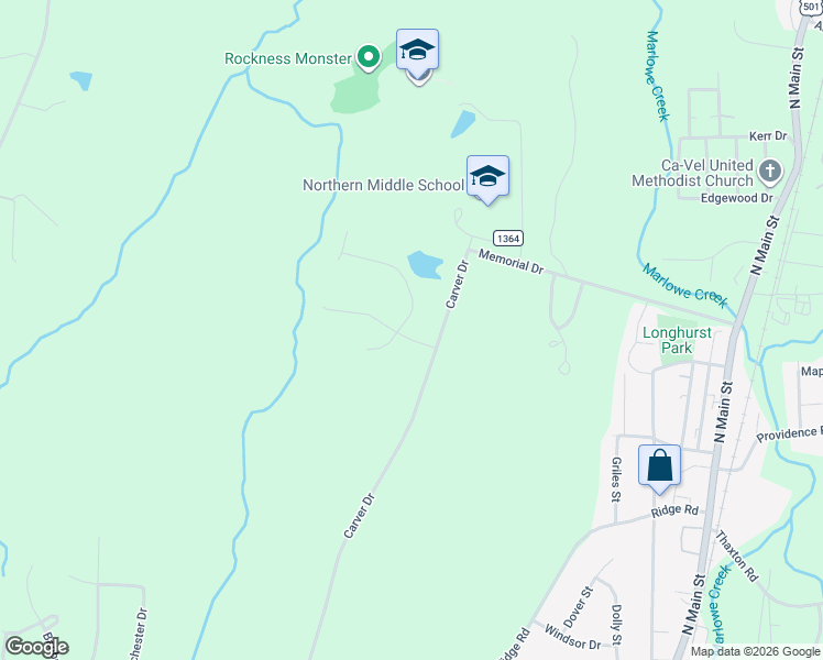 map of restaurants, bars, coffee shops, grocery stores, and more near 123 Denada Path in Roxboro