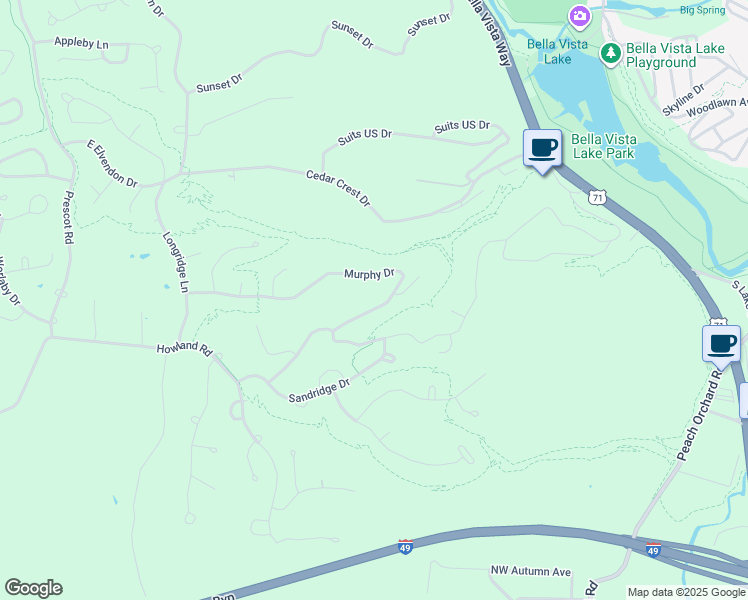 map of restaurants, bars, coffee shops, grocery stores, and more near 54 Murphy Drive in Bella Vista